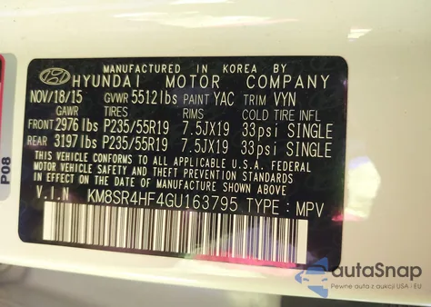 2016 Hyundai Santa Fe Se from USA, damaged, VIN KM8SR4HF4GU163795